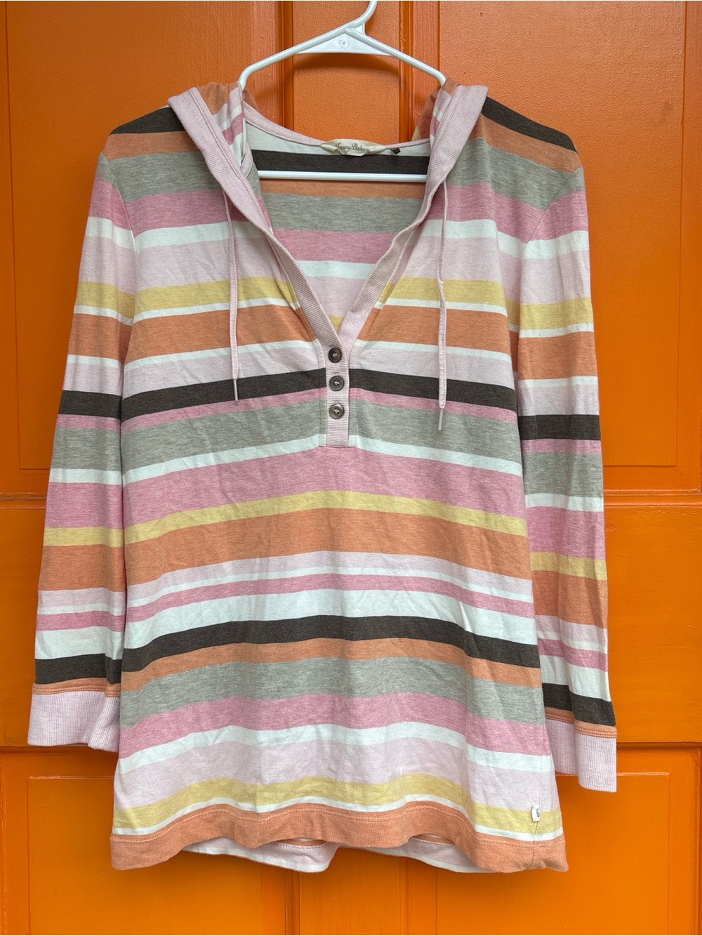 Tommy Bahama Striped Hooded Henley in Pink, Peach, Cream and Gray